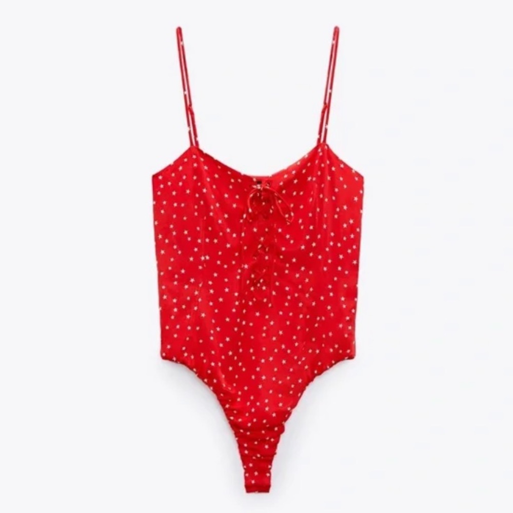 NWT Zara Red Star Printed Satin Effect Bodysuit Size S - Picture 2 of 8